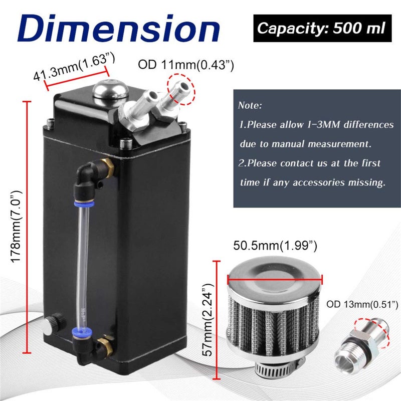 RULLINE Oil Catch Can Square Shape Aluminum Reservoir with Breather Filter 500ML Black - Image 3